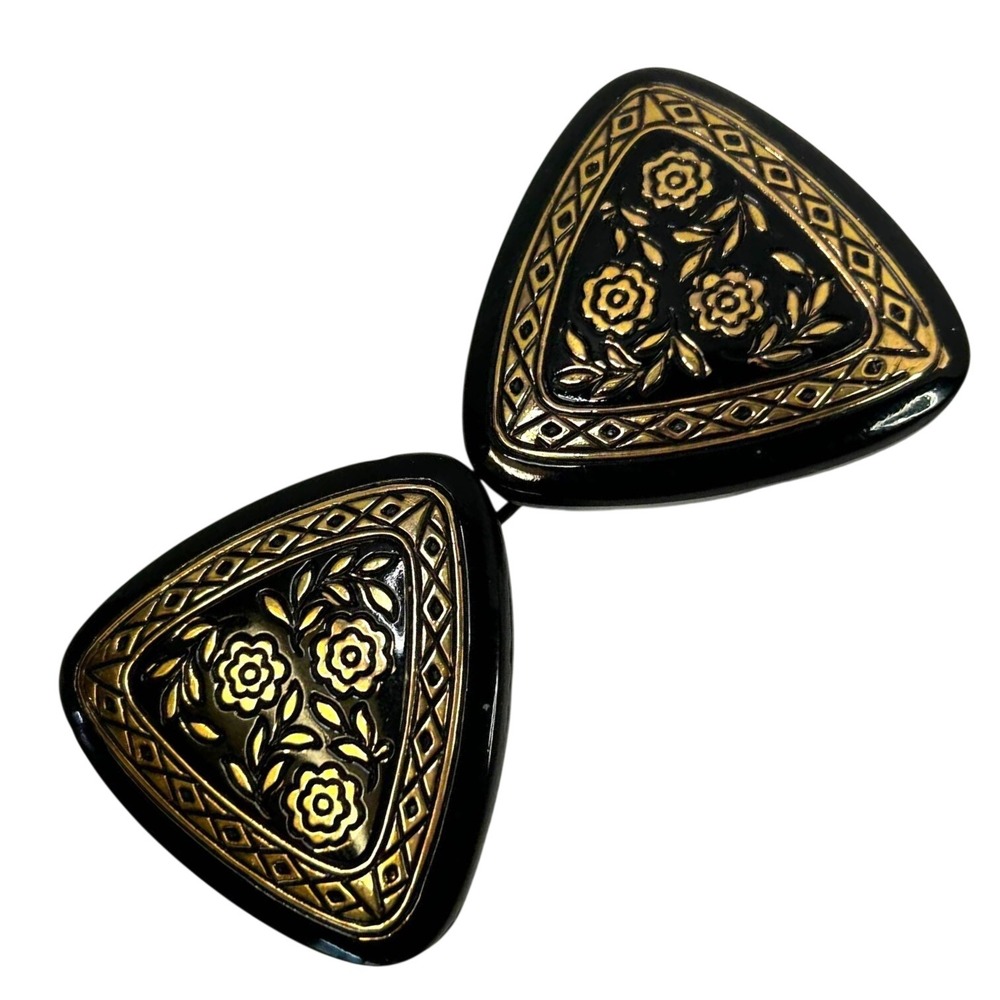 Antique Black Glass with Gold Floral Design Buckle Made in Czechoslovakia